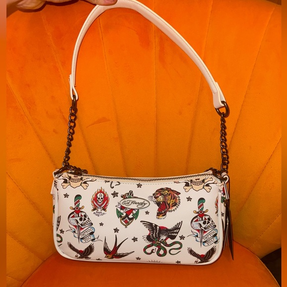 Ed Hardy Handbags - Ed Hardy White Tattoo-Print Shoulder Bag with Chain Strap - NWT